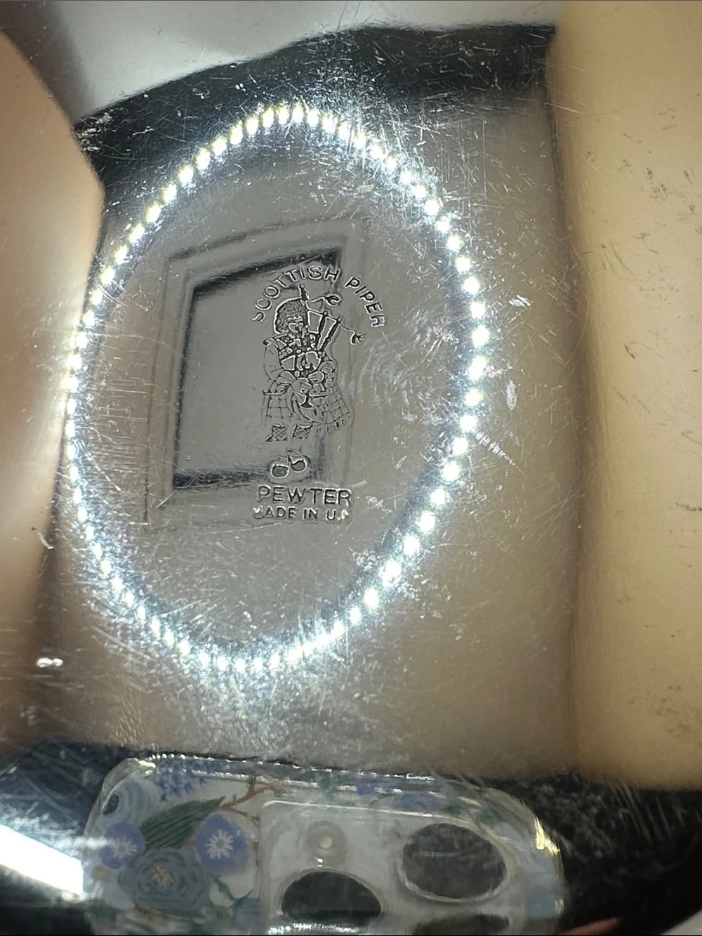 Scottish Piper Pewter Flask with Celtic Knot Design.